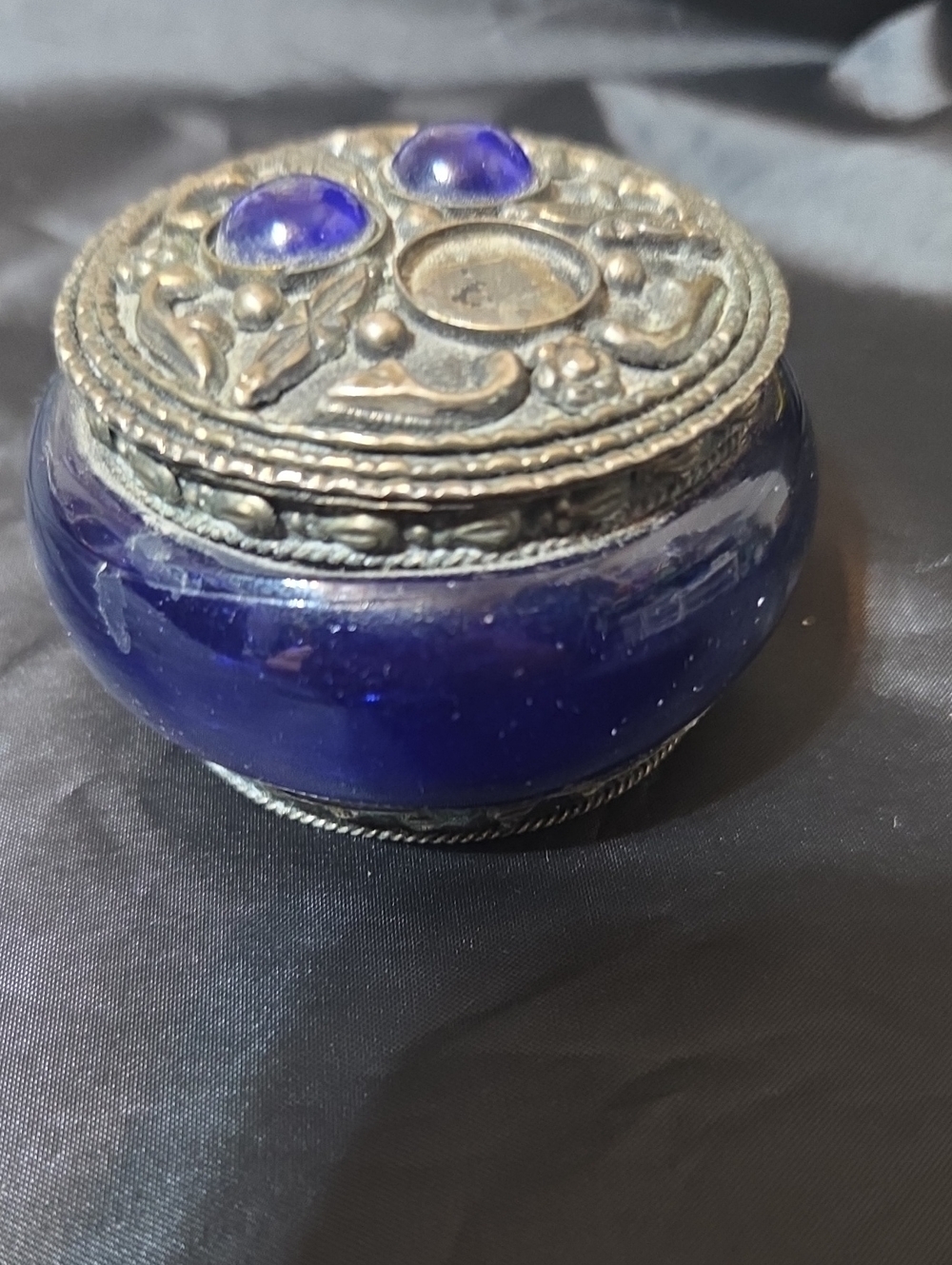 Vintage Art Deco Cobalt Glass Pill Box Jeweled Filigree Lid Vanity Decor As Is